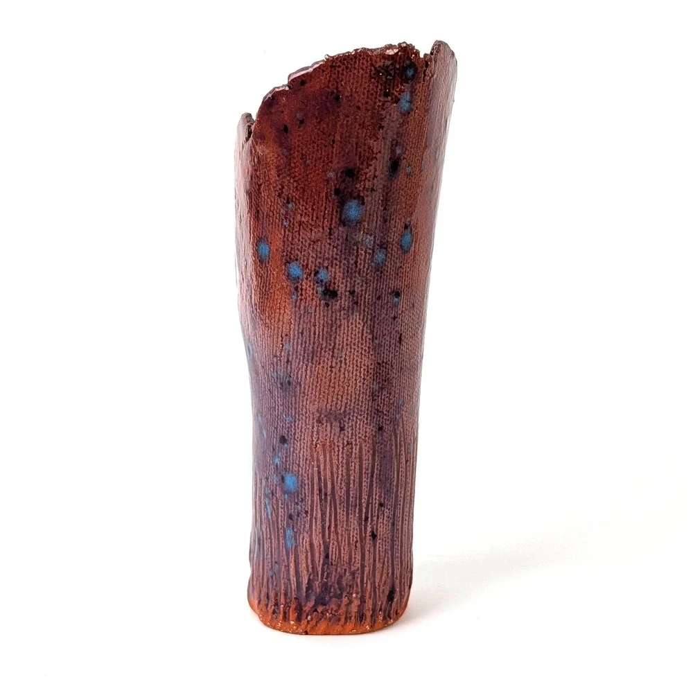 Studio Art Pottery Vase Brown Bark Texture Cobalt Blue Glaze Organic Modern 6in
